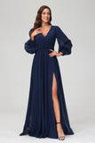 A Line V Neck Long Sleeves Floor Length Formal Evening Dress With Slit Mother of the Bride Gowns
