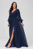 A Line V Neck Long Sleeves Floor Length Formal Evening Dress With Slit Mother of the Bride Gowns