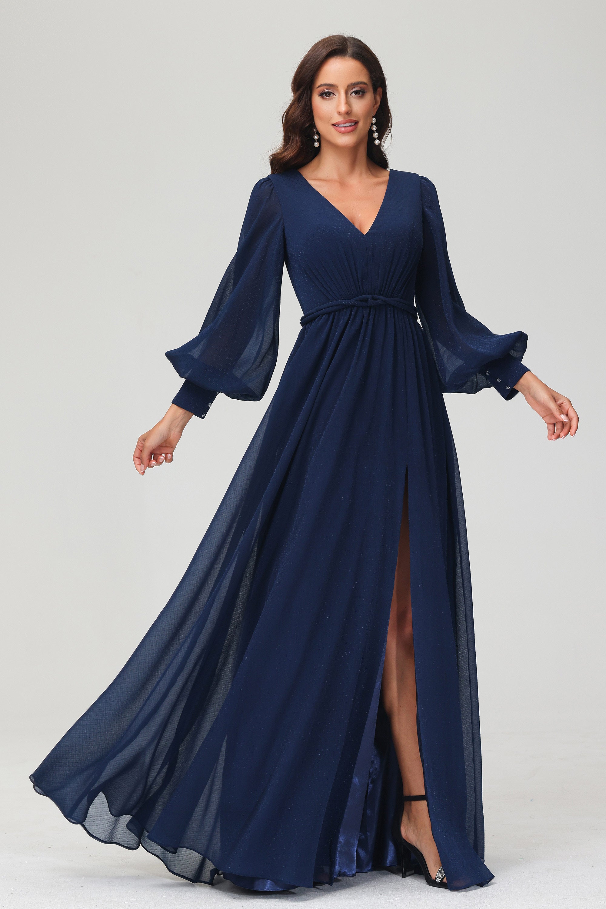 A Line V Neck Long Sleeves Floor Length Formal Evening Dress With Slit Mother of the Bride Gowns
