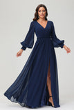 A Line V Neck Long Sleeves Floor Length Formal Evening Dress With Slit Mother of the Bride Gowns