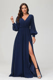A Line V Neck Long Sleeves Floor Length Formal Evening Dress With Slit Mother of the Bride Gowns