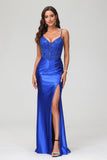 Spitzenapplikationen, durchsichtiges Satin-Meerjungfrauen-Abendkleid mit Schlitz, Ball- und Partykleider