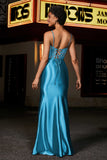 Spitzenapplikationen, durchsichtiges Satin-Meerjungfrauen-Abendkleid mit Schlitz, Ball- und Partykleider