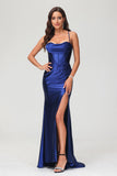 Spaghetti Straps Pleated Long Slit Sweep Train Mermaid Formal Evening Dress Prom Party Gowns