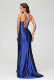 Spaghetti Straps Pleated Long Slit Sweep Train Mermaid Formal Evening Dress Prom Party Gowns