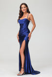 Spaghetti Straps Pleated Long Slit Sweep Train Mermaid Formal Evening Dress Prom Party Gowns