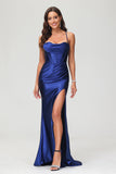 Spaghetti Straps Pleated Long Slit Sweep Train Mermaid Formal Evening Dress Prom Party Gowns