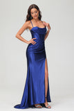 Spaghetti Straps Pleated Long Slit Sweep Train Mermaid Formal Evening Dress Prom Party Gowns