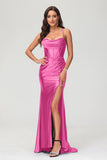 Spaghetti Straps Pleated Long Slit Sweep Train Mermaid Formal Evening Dress Prom Party Gowns