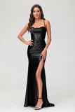 Spaghetti Straps Pleated Long Slit Sweep Train Mermaid Formal Evening Dress Prom Party Gowns