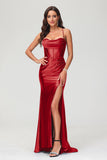 Spaghetti Straps Pleated Long Slit Sweep Train Mermaid Formal Evening Dress Prom Party Gowns