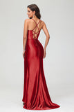 Spaghetti Straps Pleated Long Slit Sweep Train Mermaid Formal Evening Dress Prom Party Gowns