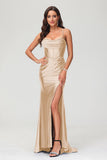 Spaghetti Straps Pleated Long Slit Sweep Train Mermaid Formal Evening Dress Prom Party Gowns