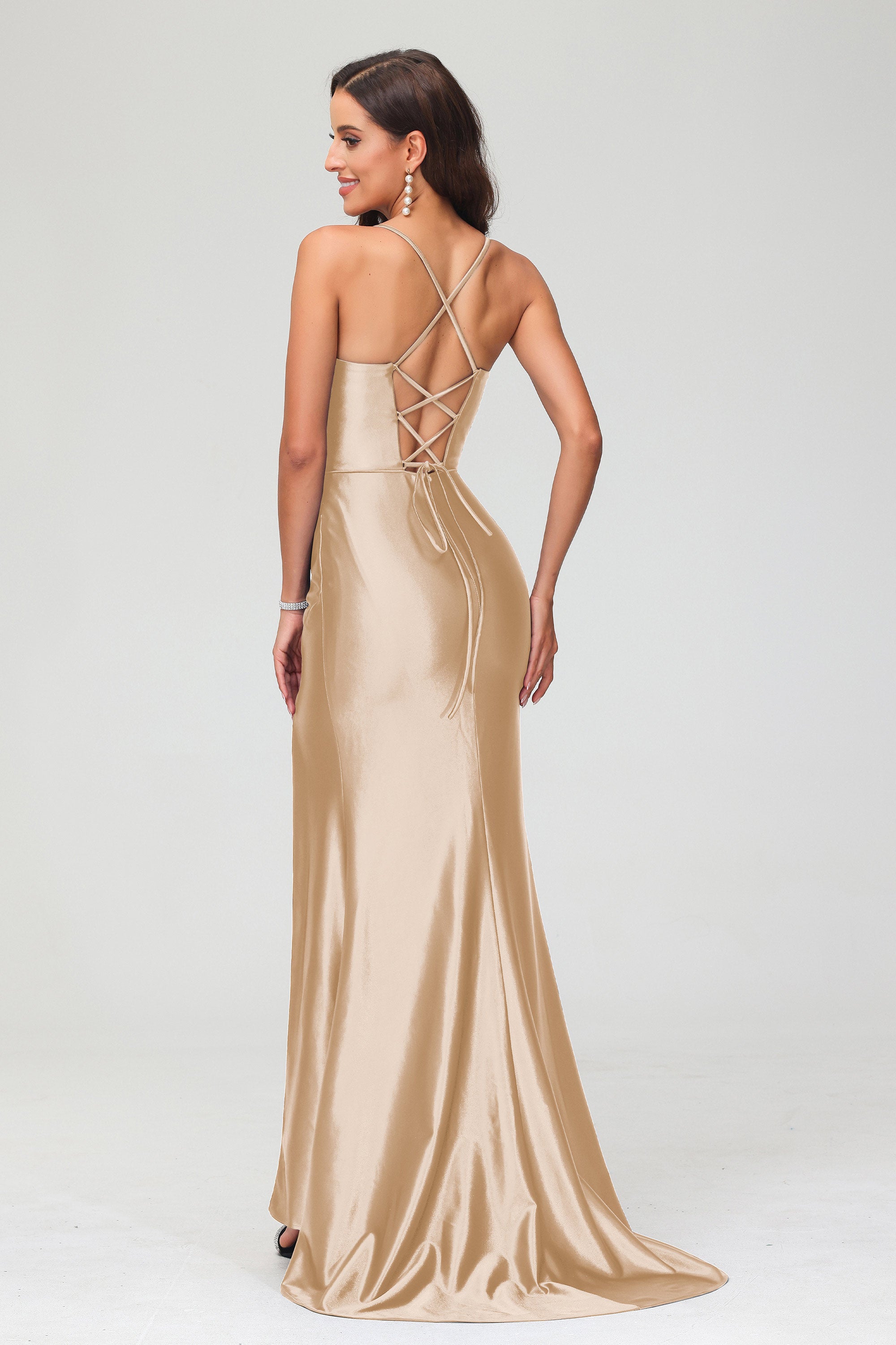 Spaghetti Straps Pleated Long Slit Sweep Train Mermaid Formal Evening Dress Prom Party Gowns