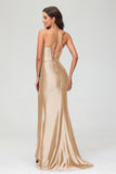 Spaghetti Straps Pleated Long Slit Sweep Train Mermaid Formal Evening Dress Prom Party Gowns