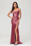 Spaghetti Straps Pleated Long Slit Sweep Train Mermaid Formal Evening Dress Prom Party Gowns