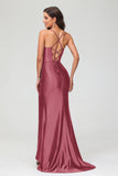 Spaghetti Straps Pleated Long Slit Sweep Train Mermaid Formal Evening Dress Prom Party Gowns
