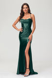 Spaghetti Straps Pleated Long Slit Sweep Train Mermaid Formal Evening Dress Prom Party Gowns