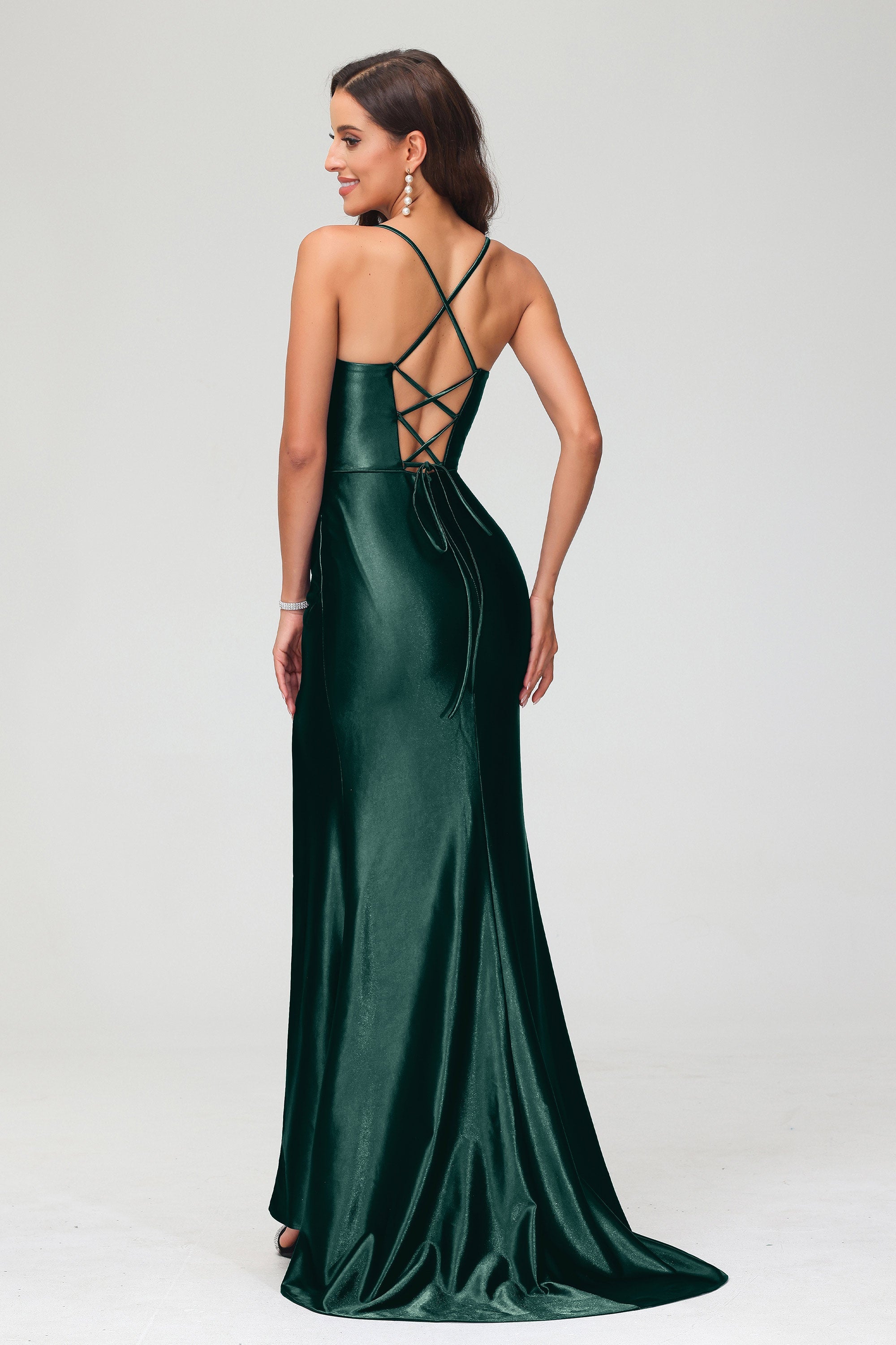 Spaghetti Straps Pleated Long Slit Sweep Train Mermaid Formal Evening Dress Prom Party Gowns