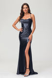 Spaghetti Straps Pleated Long Slit Sweep Train Mermaid Formal Evening Dress Prom Party Gowns