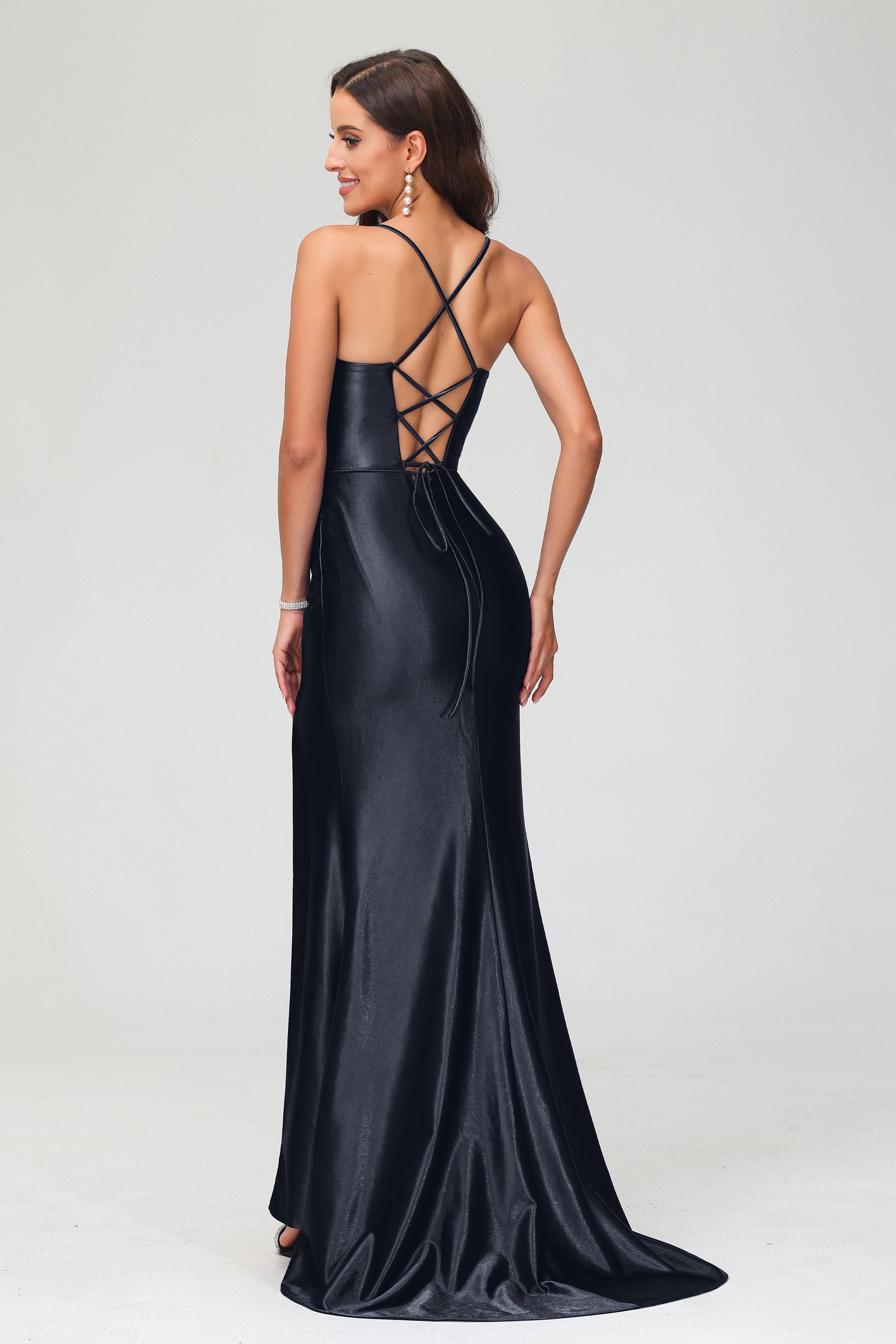 Spaghetti Straps Pleated Long Slit Sweep Train Mermaid Formal Evening Dress Prom Party Gowns