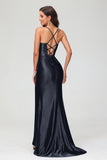 Spaghetti Straps Pleated Long Slit Sweep Train Mermaid Formal Evening Dress Prom Party Gowns