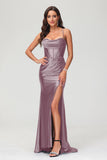 Spaghetti Straps Pleated Long Slit Sweep Train Mermaid Formal Evening Dress Prom Party Gowns