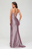 Spaghetti Straps Pleated Long Slit Sweep Train Mermaid Formal Evening Dress Prom Party Gowns
