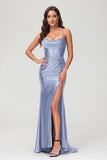 Spaghetti Straps Pleated Long Slit Sweep Train Mermaid Formal Evening Dress Prom Party Gowns