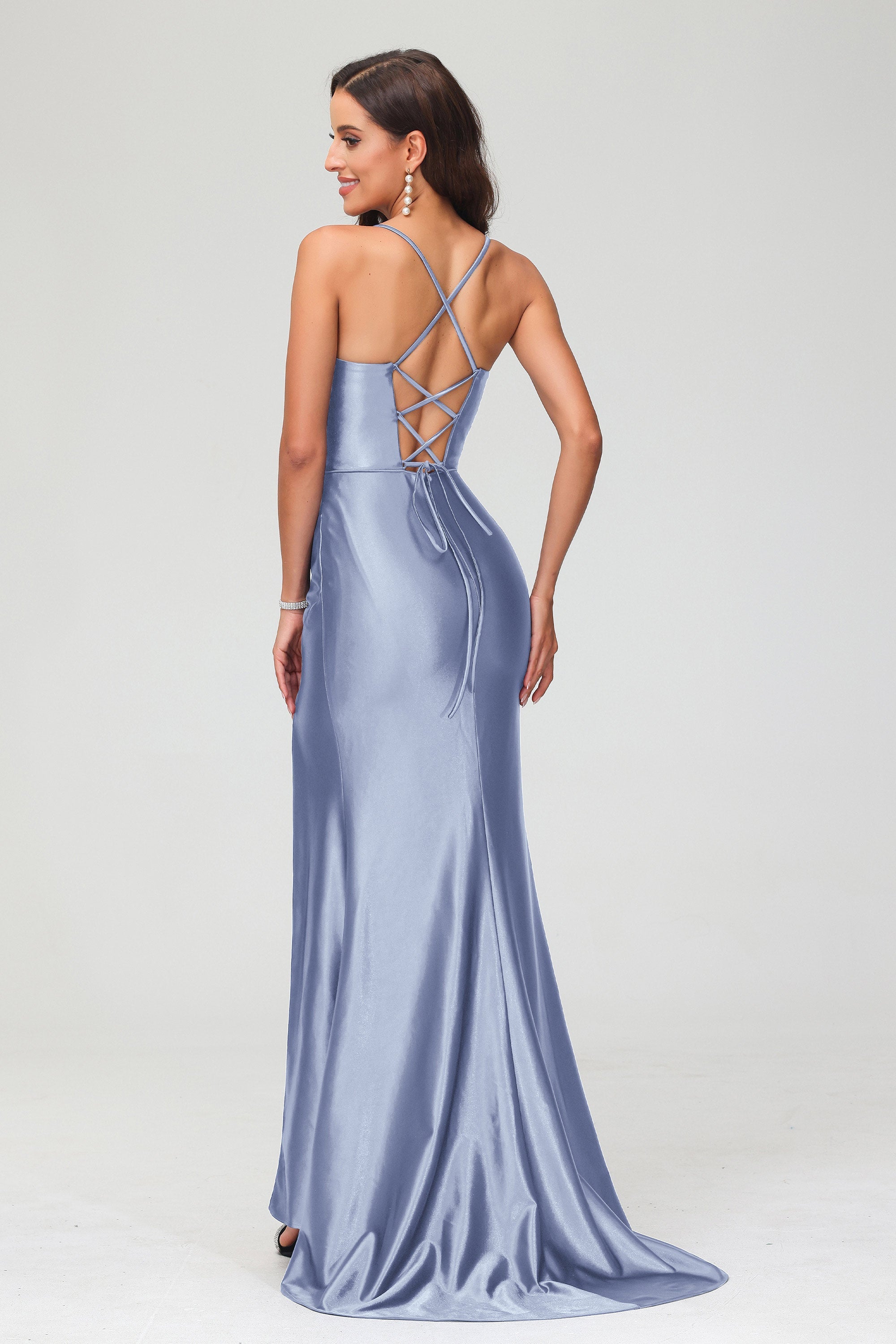 Spaghetti Straps Pleated Long Slit Sweep Train Mermaid Formal Evening Dress Prom Party Gowns