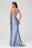 Spaghetti Straps Pleated Long Slit Sweep Train Mermaid Formal Evening Dress Prom Party Gowns