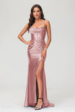 Spaghetti Straps Pleated Long Slit Sweep Train Mermaid Formal Evening Dress Prom Party Gowns