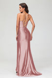 Spaghetti Straps Pleated Long Slit Sweep Train Mermaid Formal Evening Dress Prom Party Gowns