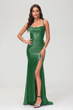 Spaghetti Straps Pleated Long Slit Sweep Train Mermaid Formal Evening Dress Prom Party Gowns