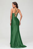 Spaghetti Straps Pleated Long Slit Sweep Train Mermaid Formal Evening Dress Prom Party Gowns