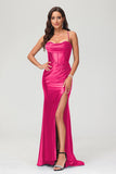 Spaghetti Straps Pleated Long Slit Sweep Train Mermaid Formal Evening Dress Prom Party Gowns