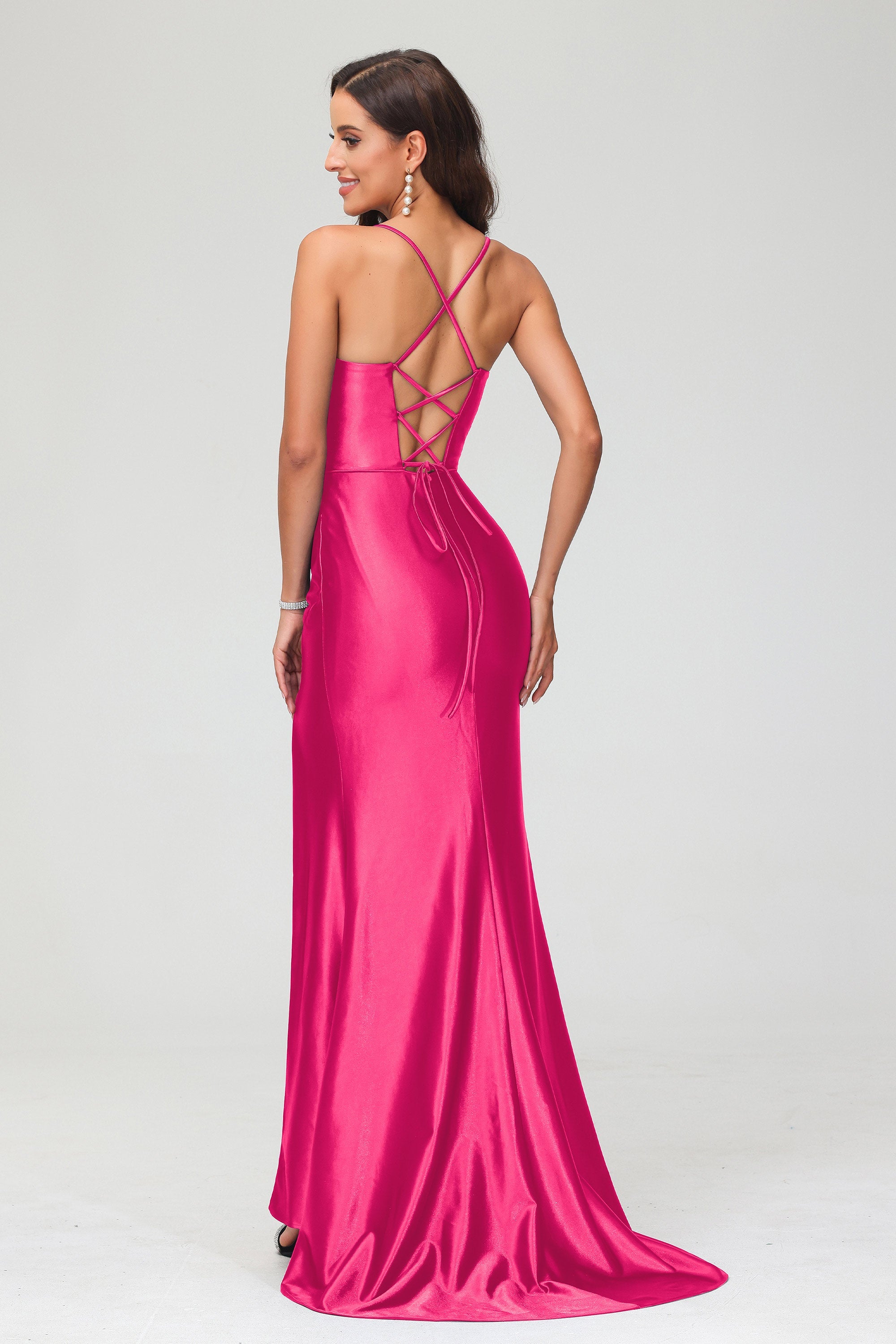 Spaghetti Straps Pleated Long Slit Sweep Train Mermaid Formal Evening Dress Prom Party Gowns