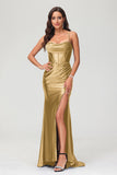 Spaghetti Straps Pleated Long Slit Sweep Train Mermaid Formal Evening Dress Prom Party Gowns