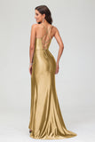 Spaghetti Straps Pleated Long Slit Sweep Train Mermaid Formal Evening Dress Prom Party Gowns
