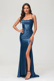 Spaghetti Straps Pleated Long Slit Sweep Train Mermaid Formal Evening Dress Prom Party Gowns