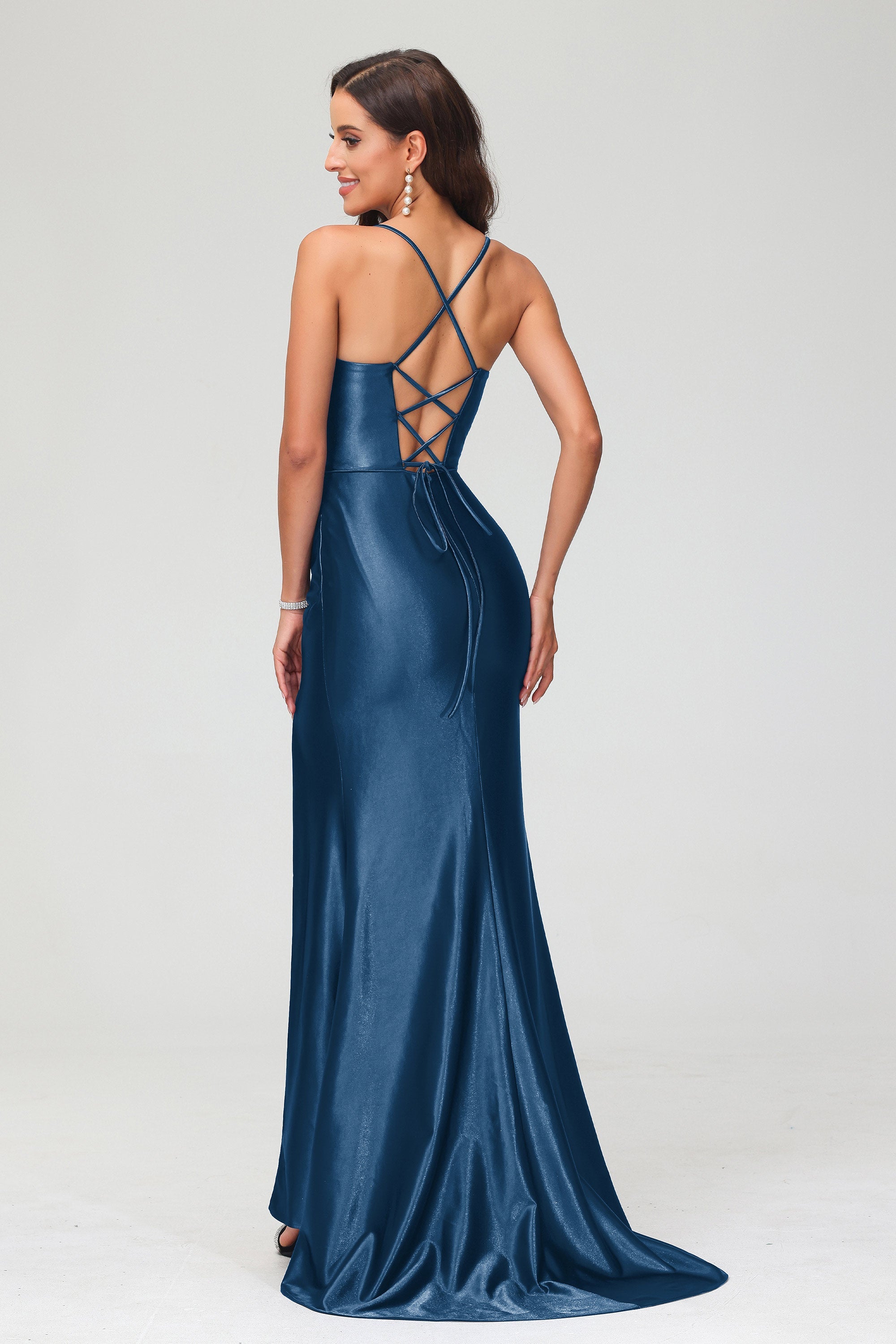 Spaghetti Straps Pleated Long Slit Sweep Train Mermaid Formal Evening Dress Prom Party Gowns