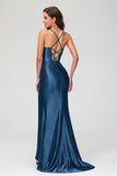 Spaghetti Straps Pleated Long Slit Sweep Train Mermaid Formal Evening Dress Prom Party Gowns