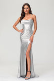 Spaghetti Straps Pleated Long Slit Sweep Train Mermaid Formal Evening Dress Prom Party Gowns