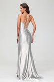Spaghetti Straps Pleated Long Slit Sweep Train Mermaid Formal Evening Dress Prom Party Gowns