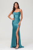 Spaghetti Straps Pleated Long Slit Sweep Train Mermaid Formal Evening Dress Prom Party Gowns
