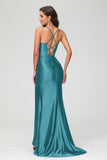 Spaghetti Straps Pleated Long Slit Sweep Train Mermaid Formal Evening Dress Prom Party Gowns