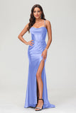 Spaghetti Straps Pleated Long Slit Sweep Train Mermaid Formal Evening Dress Prom Party Gowns