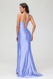 Spaghetti Straps Pleated Long Slit Sweep Train Mermaid Formal Evening Dress Prom Party Gowns