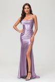 Spaghetti Straps Pleated Long Slit Sweep Train Mermaid Formal Evening Dress Prom Party Gowns