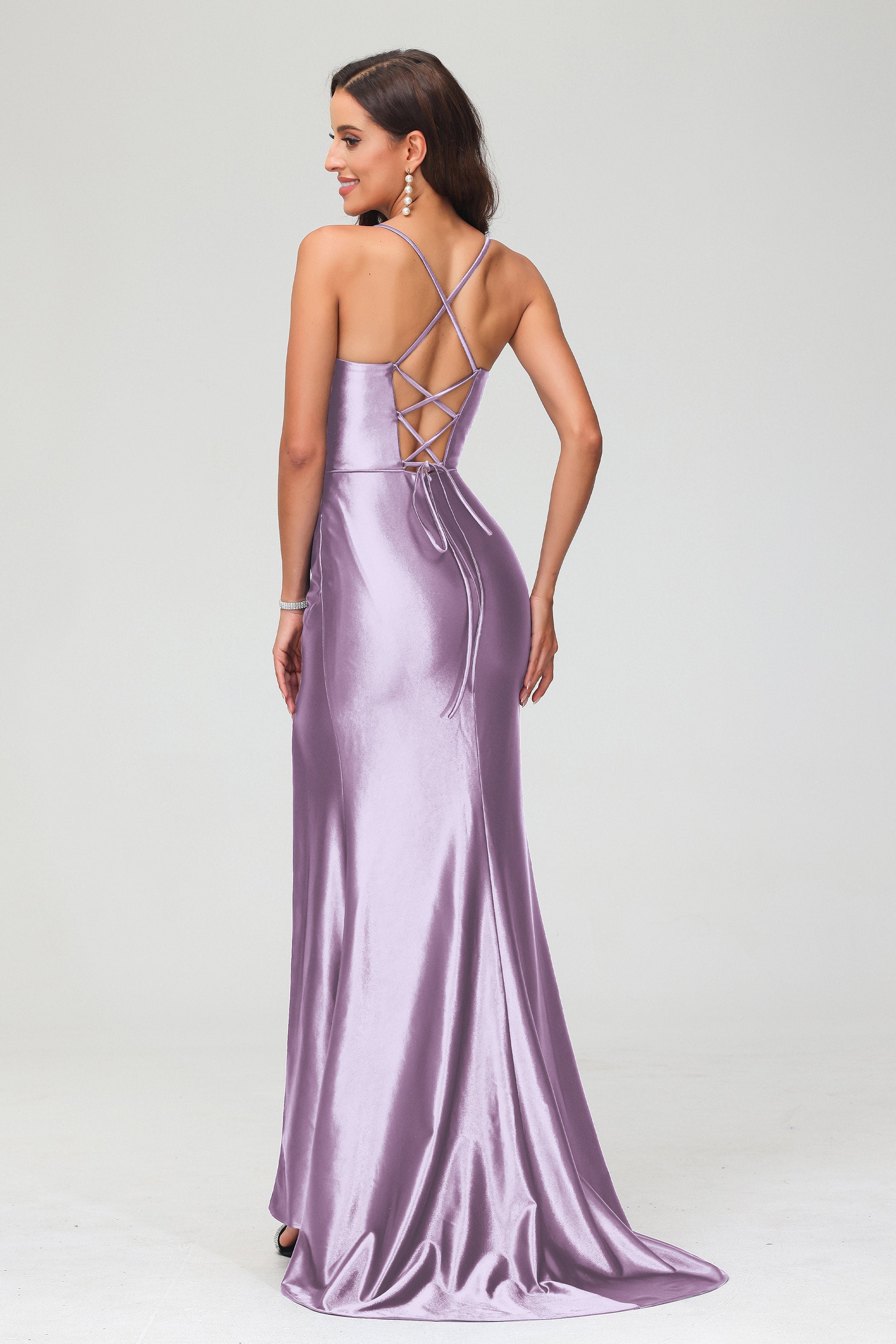 Spaghetti Straps Pleated Long Slit Sweep Train Mermaid Formal Evening Dress Prom Party Gowns